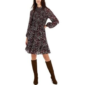 Just Taylor Mauve Smocked Mock Neck Long Sleeve Chiffon Cocktail Dress Size 6P